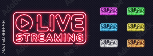 Set of glowing neon Live Streaming signs in multiple colors on a transparent background. Perfect for advertising shops, restaurants, and modern digital promotions.