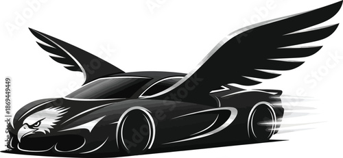 A sleek black sports car with eagle wings speeding across a white background