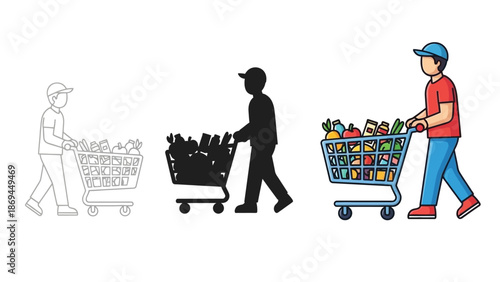 Man pushing a shopping cart full of groceries displaying outline silhouette and color variations for retail concepts