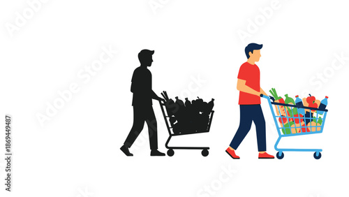 Shopper pushing a fully loaded grocery cart containing various produce and beverage containers showcasing outline silhouette and color illustration styles