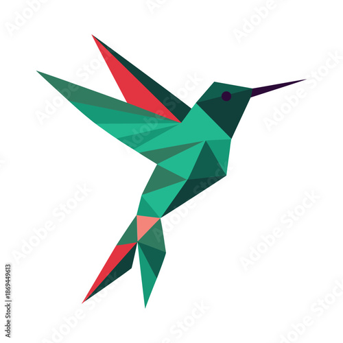 Origami hummingbird in flight with green and red polygons