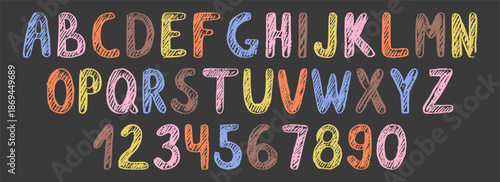 Crayon childish alphabet and numbers with pencil crayon texture. Hand drawn scribble letters and numbers in kids grunge style with crayon texture