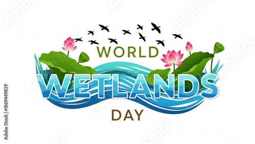 World wetlands day logo with water birds flying over lotus flowers and green leaves on a white background