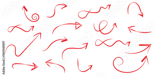 Hand drawn arrow set with red crayon texture - curved and straight, Marker pen pointer icons, Curvy directional symbols.