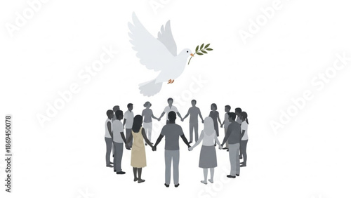 Diverse group of people holding hands in a circle with a white dove carrying olive branch flying
