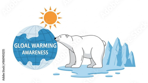 Polar bear sniffing globe with melting ice caps and sun symbolizing global warming awareness