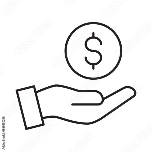 Hand holding dollar coin linear icon vector illustration symbol isolated white background payment money finance cash investment salary income outline design
