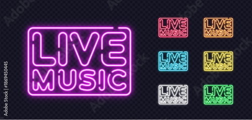 A colorful set of neon live music signs glows with bright light and creates an inviting mood. The vibrant palette adds a modern and energetic feel.