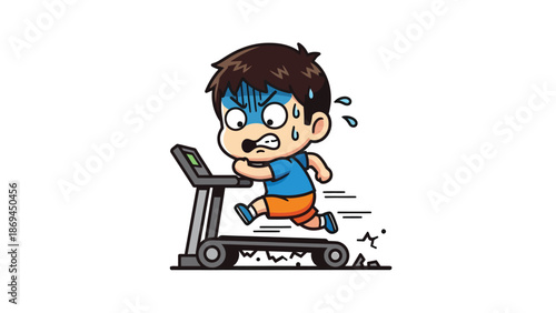 Determined Cartoon Boy Running on Treadmill Illustration