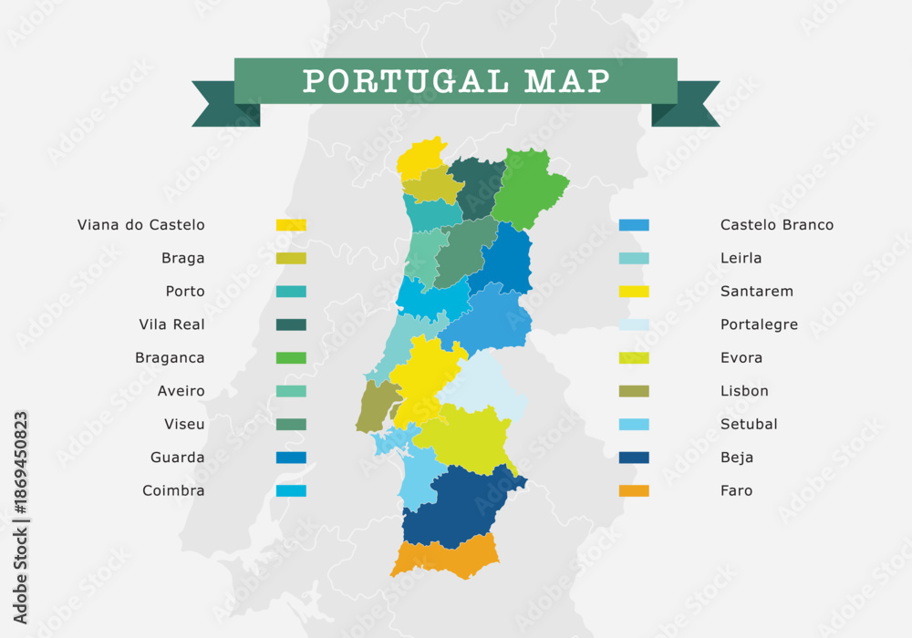 Fototapeta Portugal map with regions and districts colored, vector illustration