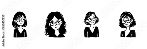 Four Female Characters With Glasses In Hand Drawn Style Set. Diverse Hairstyles, Expressive Faces, Personality Representation Doodle Sketch Collection. Isolated Vector Illustration