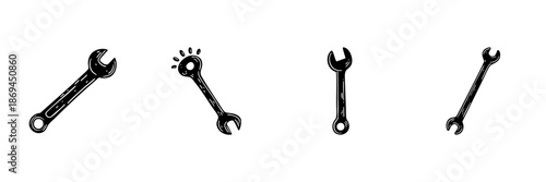 Wrench Tools In Hand Drawn Style Set. Mechanical Repair, Maintenance, Diy Projects Doodle Sketch Collection. Industrial Equipment Illustration. Isolated Vector Illustration