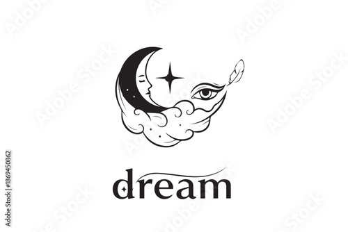 Dreamy cloud with eye and moon star illustration vector illustration on transparent background