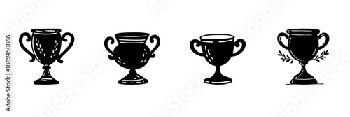 Trophy Cup Icons In Hand Drawn Style Set. Achievement, Victory, Award Recognition Doodle Sketch Collection. Celebratory Symbols, Success Representation. Isolated Vector Illustration