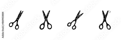 Scissors In Various Positions In Hand Drawn Style Set. Cutting Tools, Crafting, And Sewing Doodle Sketch Collection. Artistic Illustration. Isolated Vector Illustration
