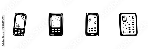 Mobile Phones And Credit Card In Hand Drawn Style Set. Communication, Technology, And Financial Transactions Doodle Sketch Collection. Vintage Mobile Evolution. Isolated Vector Illustration
