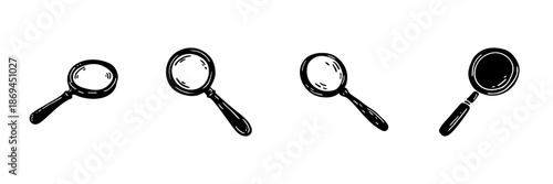 Magnifying Glass Icons In Hand Drawn Style Set. Exploration, Investigation, Search Tool Doodle Sketch Collection. Vintage Design Elements. Isolated Vector Illustration