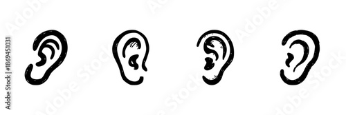 Ears In Hand Drawn Style Set. Hearing, Listening, Communication, And Sound Perception Doodle Sketch Collection. Isolated Vector Illustration