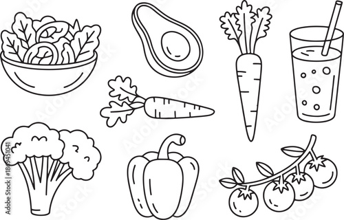 Healthy food assortment with fresh vegetables and drink Vector.


