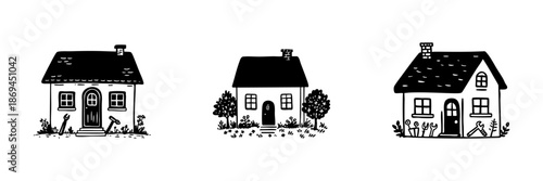 Charming Cottage Houses In Hand Drawn Style Set. Cozy Home, Rural Living, And Garden Aesthetics Doodle Sketch Collection. Rustic Architecture Elements. Isolated Vector Illustration