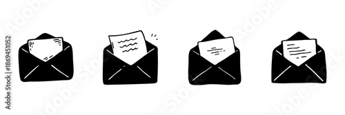 Envelopes With Letters In Hand Drawn Style Set. Communication, Correspondence, Mail Delivery Doodle Sketch Collection. Postal Service, Message Exchange. Isolated Vector Illustration