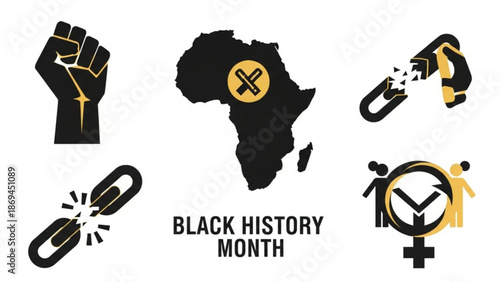Black history month symbols and icons for celebration and awareness on white background