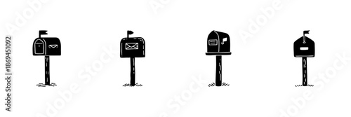 Mailboxes In Hand Drawn Style Set. Postal Service, Communication, Mail Delivery Doodle Sketch Collection. Vintage Mailbox Designs. Isolated Vector Illustration