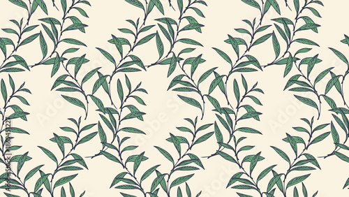 Seamless vector pattern with hand drawn green leafy branches on a light background. Elegant and organic design for textiles, wallpapers, eco packaging, and natural themed branding