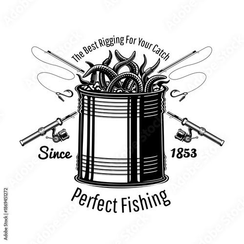 Can with worms fishing rig with crossed fishing rigs. Monochrome vector illustration in engraving style