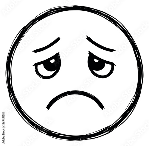 Hand drawn line art illustration of a sad face emoticon depicting unhappiness for digital communication