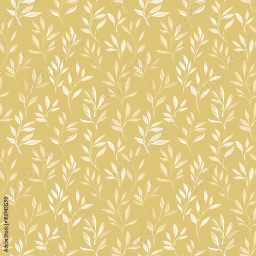 Seamless vector pattern with small cream leafy branches on warm mustard yellow background. Elegant botanical foliage design for textiles, wallpapers, fabric, wrapping paper and decor