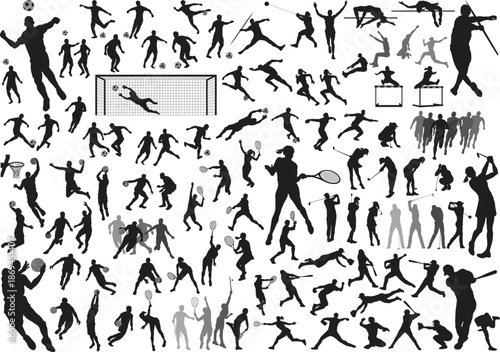 Vector silhouettes of people and women featuring a black art collection of sports icons including tennis, basketball, football, and fitness athletes jumping and running