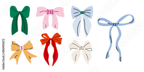 Whimsical hand drawn cute bow and ribbon set in cartoon retro style. Elegant coquette decorative elements, accessories for wedding invitations, frames, gifts, holiday. Vector illustration