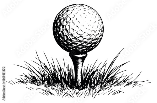 Hand drawn line art illustration of a golf ball on a tee depicting it positioned in grass for sports and game design