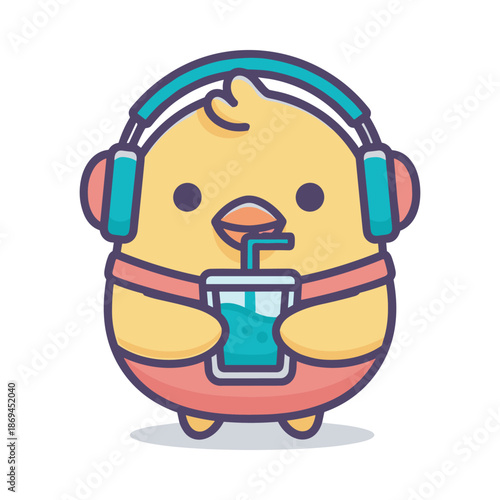 Cartoon Chick with Headphones Drinking Juice