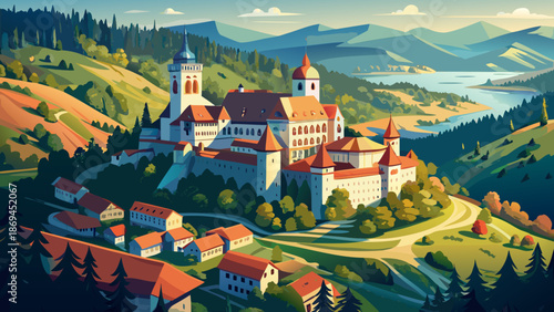 Very beautiful aerial drone view of Lillafüred Castle in Hungary, set within Bükk National Park, surrounded by forested hills and serene nature creating a fairytale-like landscape.