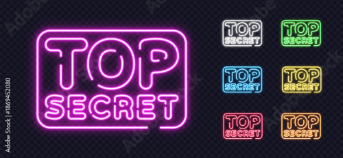 Neon set with the phrase TOP SECRET in various glowing shades, ideal for confidential or mystery themes.