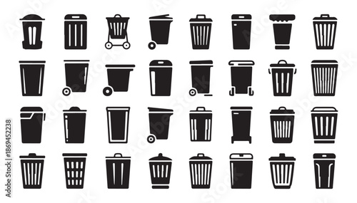 Set of black dustbin icons different shape and style garbage containers isolated on white