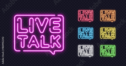 A colorful collection of neon LIVE TALK signs glows with intense light and brings a curious tone. Smooth lines and bright hues give the set a lively and modern feel.