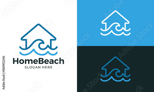 Creative home beach logo design template illustration. House building concept vector design with wave symbol graphic