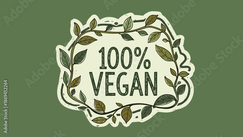 100% vegan label with green leaves and vines, organic food sticker design for plant-based lifestyle and eco-friendly packaging