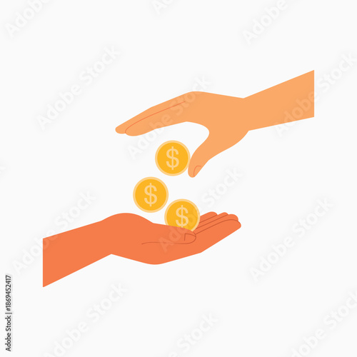 Orange hands exchanging dollar coins exchanging money each other for helping purpose or loan vector illustration isolated on white background.