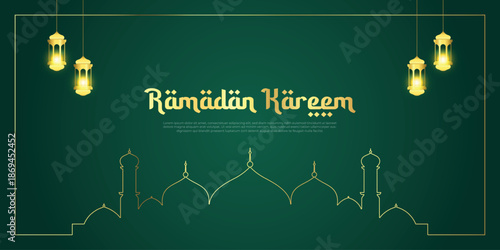 Elegant green Islamic background with golden mosque and lanterns hanging copy space banner background