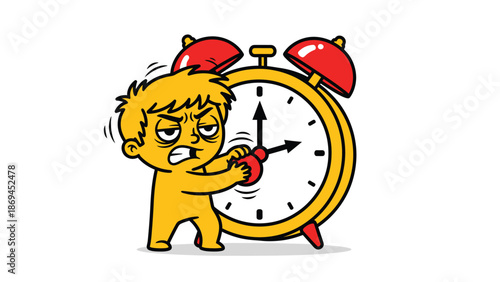 Angry Cartoon Character Battling Alarm Clock in Humorous Illustration