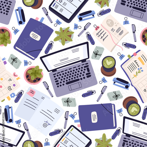 Workspace seamless pattern. Laptop and office supplies. Business documents. Work organizer notebook. Workplace top view. Stationery on desk. Houseplant and drink cup. Vector background