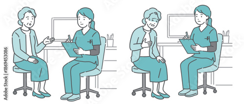 問診と体調不良の高齢女性セット（女性医師・スクラブ）