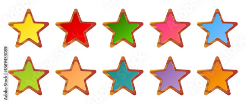 Wooden stars with multicolored centers. Graphical game interface isolated elements. Wood texture. Starry frame. Timber shape. Space symbol. Gaming asset symbol. Vector hardwood UI icons set