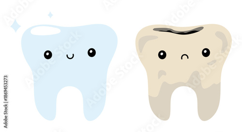 Shiny healthy and diseased dirty decayed tooth. Cartoon characters. Dental health care. Ill molar with caries. Toothache treatment. Smile or sad faces. Vector concept of oral health