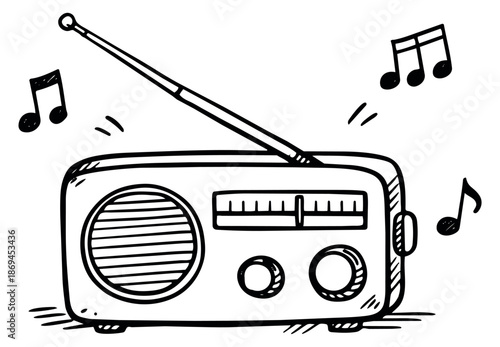 Hand drawn line art illustration of a retro radio depicting musical notes for audio broadcasting