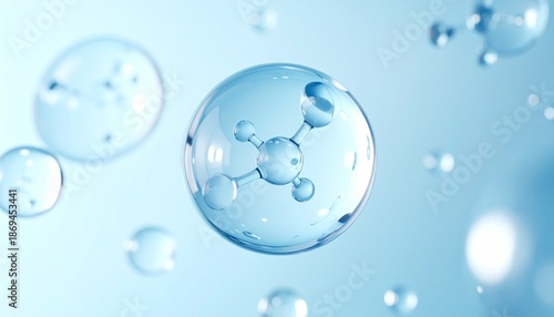 Digital rendering of water molecules with blue spheres and bent atomic geometry